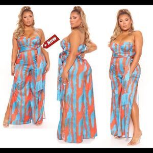 Fashion Nova Brunch And Boujee Satin Jumpsuit - Coral/Combo Sz 1X NWT